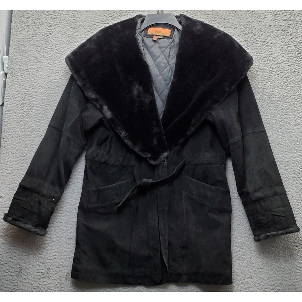 Vtg Cayenne Leather Jacket Womens S Black Quilted Lined Shawl Lapel Belted Waist